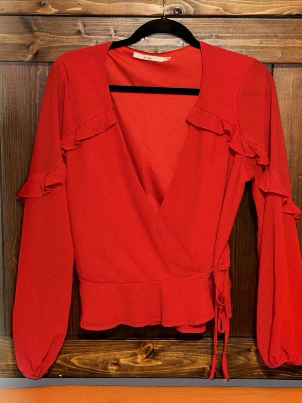 Mi Ami Red Wrap Ruffle Long-Sleeve Top